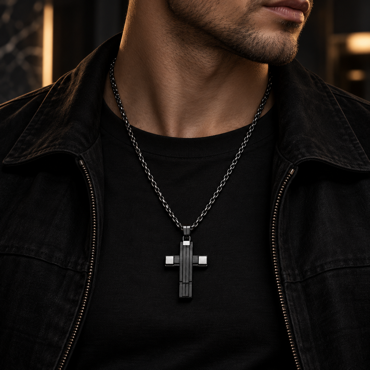 Model wearing men's grooved pillar cross pendant necklace with black denim jacket
