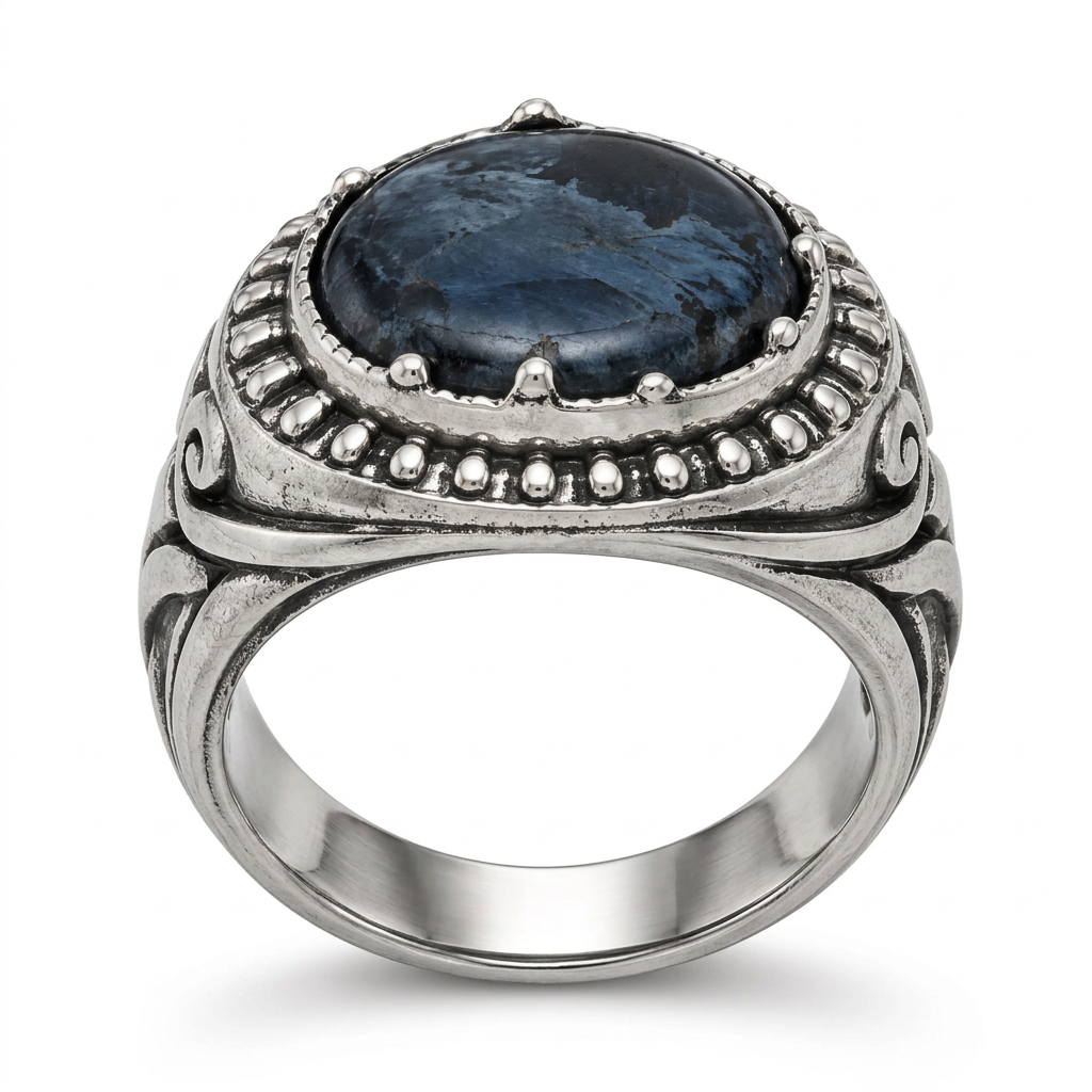 Front elevation studio shot of Men's round blue sodalite ring with scrollwork band
