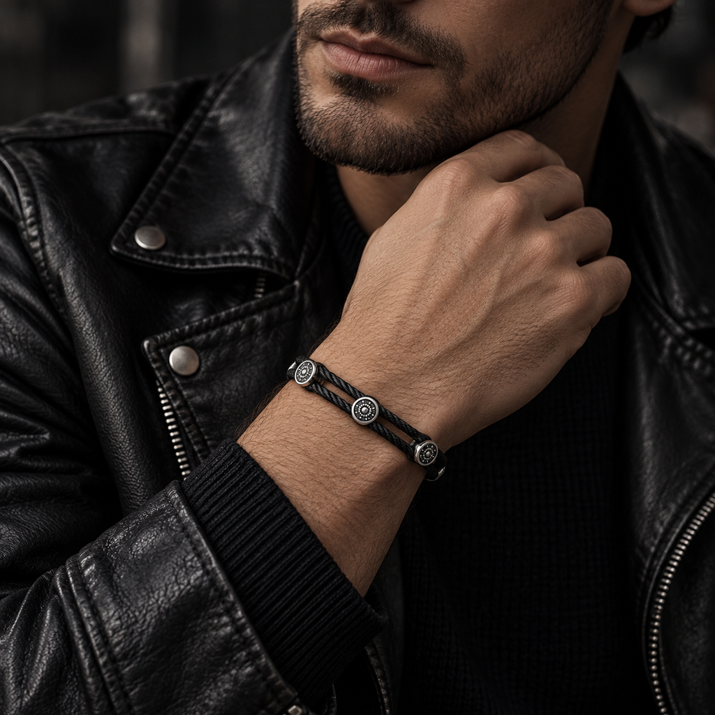 Model wearing men's black cable triple medallion bracelet with black leather jacket
