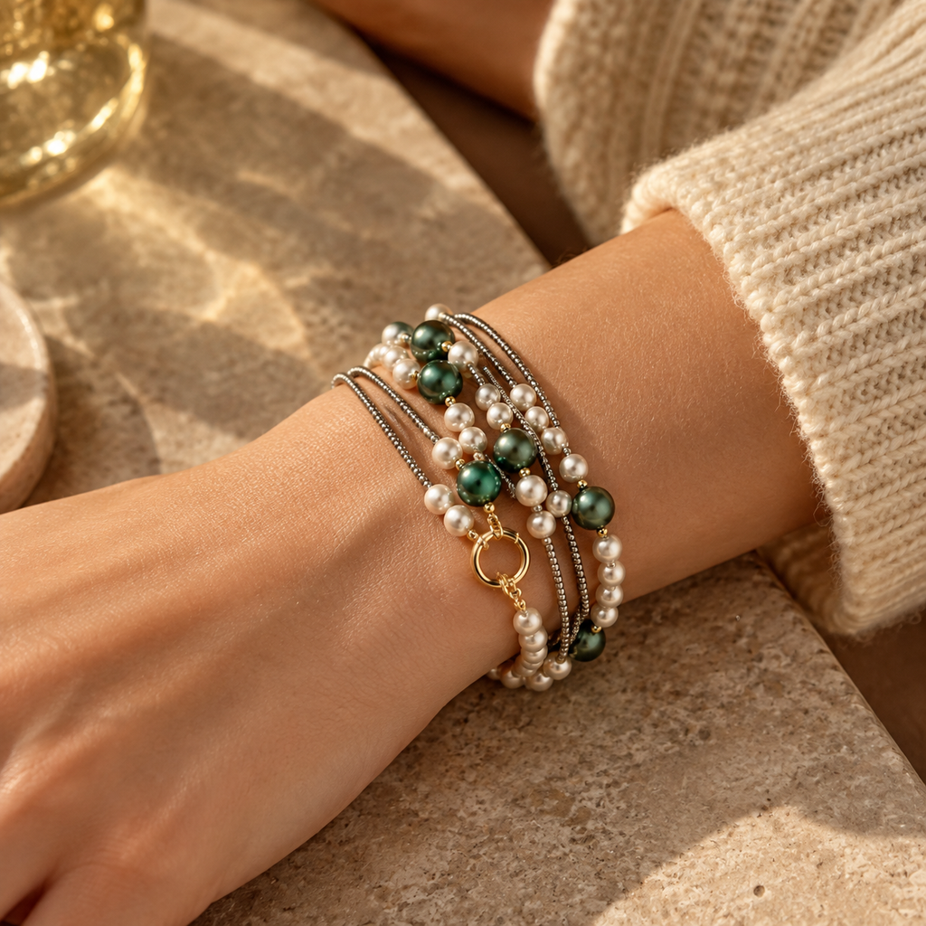 Overhead wrist view showing the chic layered wrap effect of the white pearl and green bead bracelet with gold-tone hardware.
