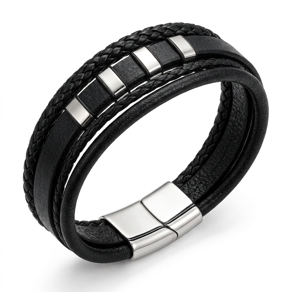 Angled view of Men's segmented bar leather bracelet showing magnetic clasp on white background
