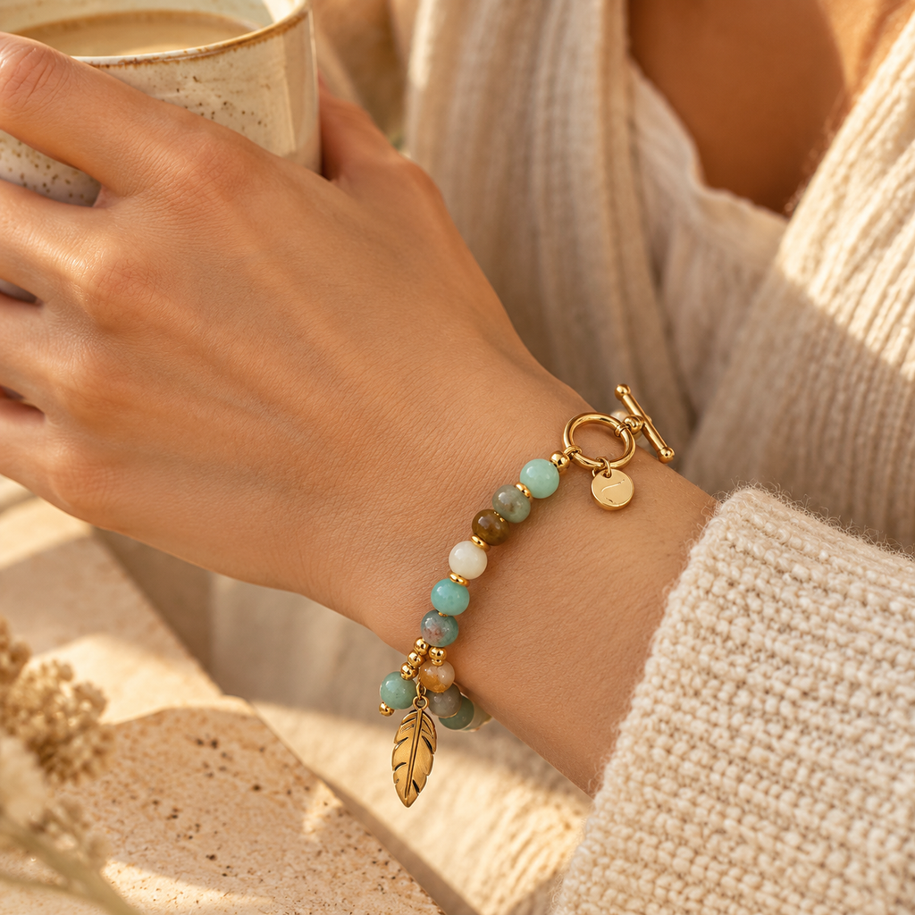 Women's Boho Beaded Gemstone Feather Toggle Bracelet
