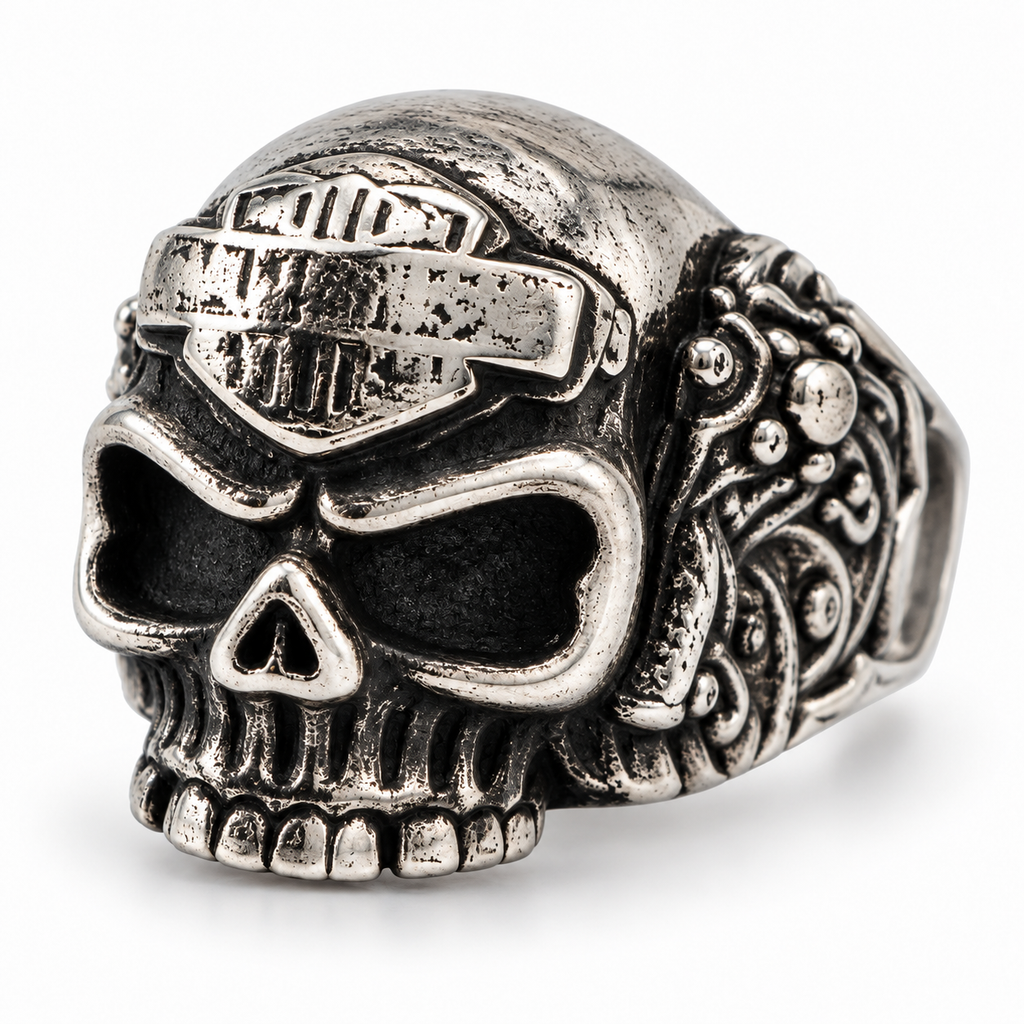 Front view of Men's Vintage Biker Shield Skull Ring in antique silver stainless steel