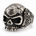 Front view of Men's Vintage Biker Shield Skull Ring in antique silver stainless steel