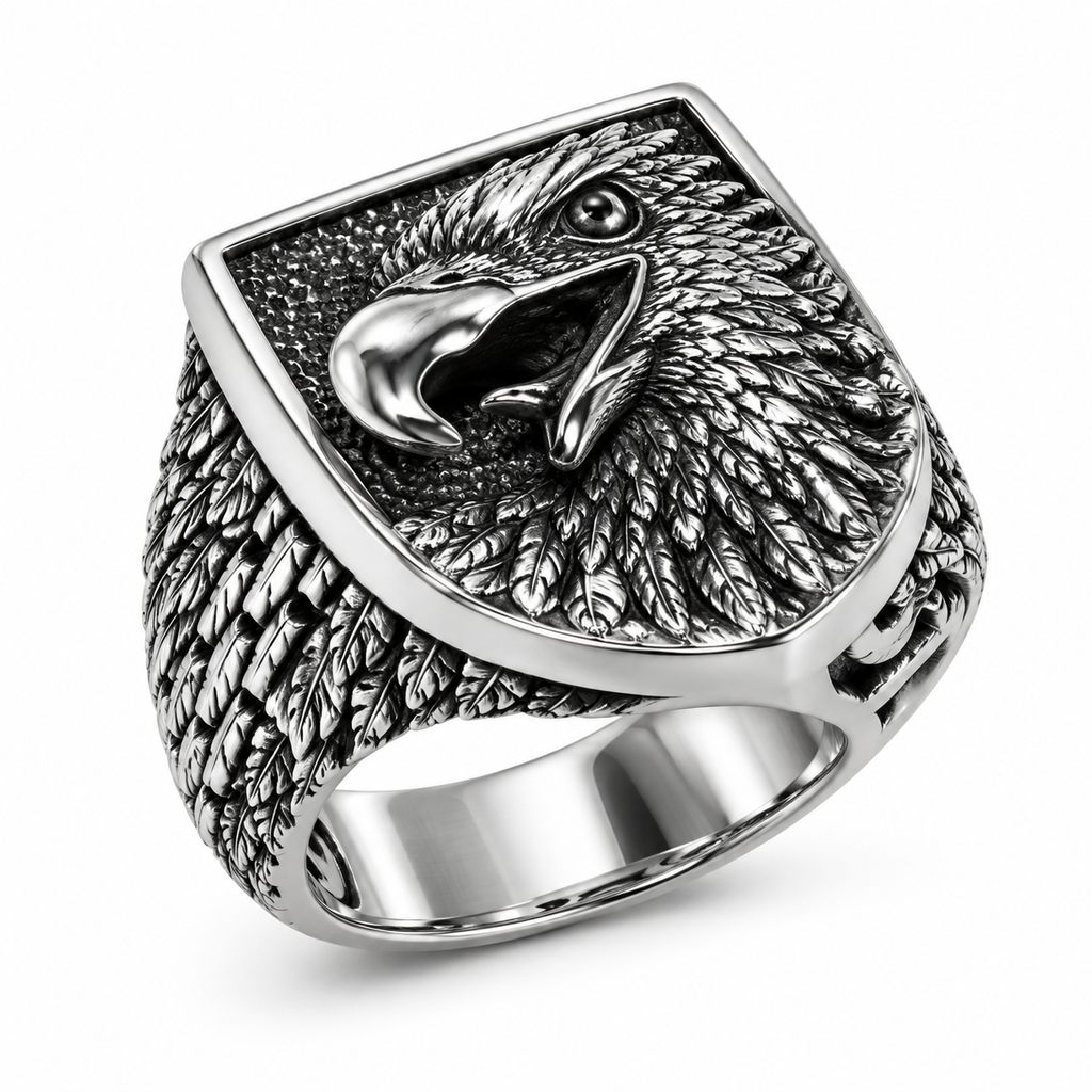 Men's Fierce American Eagle Signet Ring in stainless steel with carved feather band
