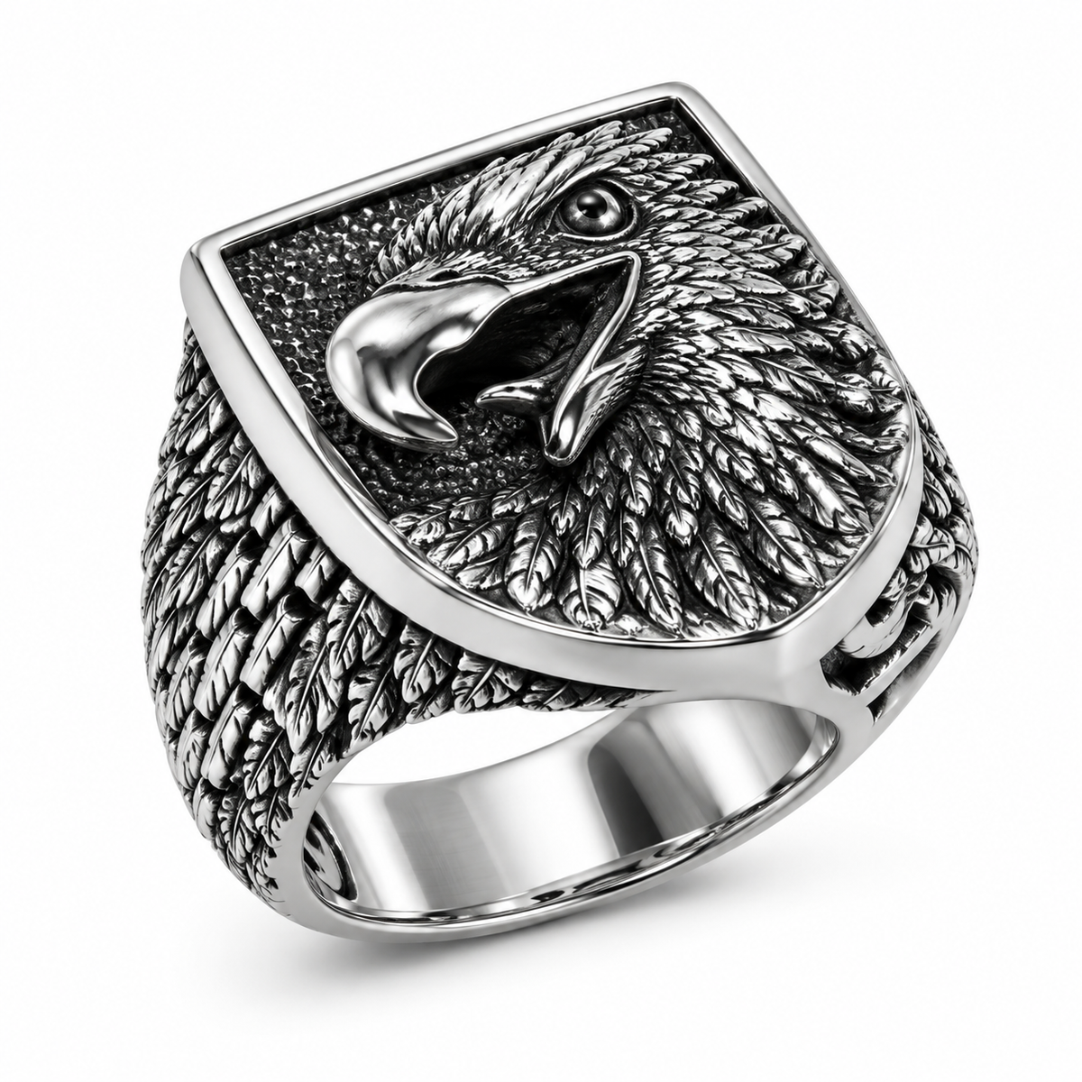 Men's Fierce American Eagle Signet Ring in stainless steel with carved feather band
