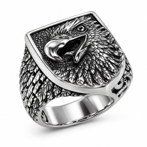 Men's Fierce American Eagle Signet Ring in stainless steel with carved feather band
