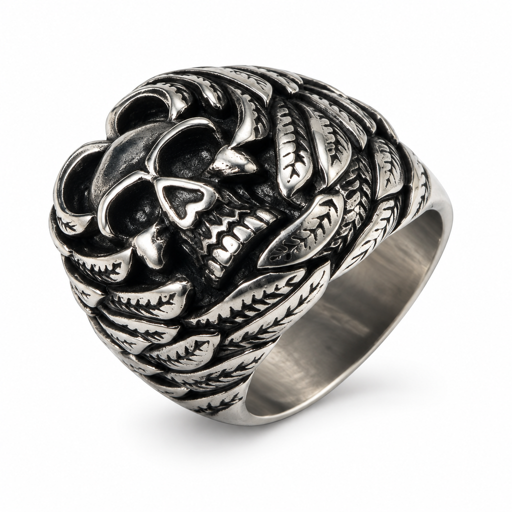 Men's gothic laurel wreath skull ring in antique finish stainless steel
