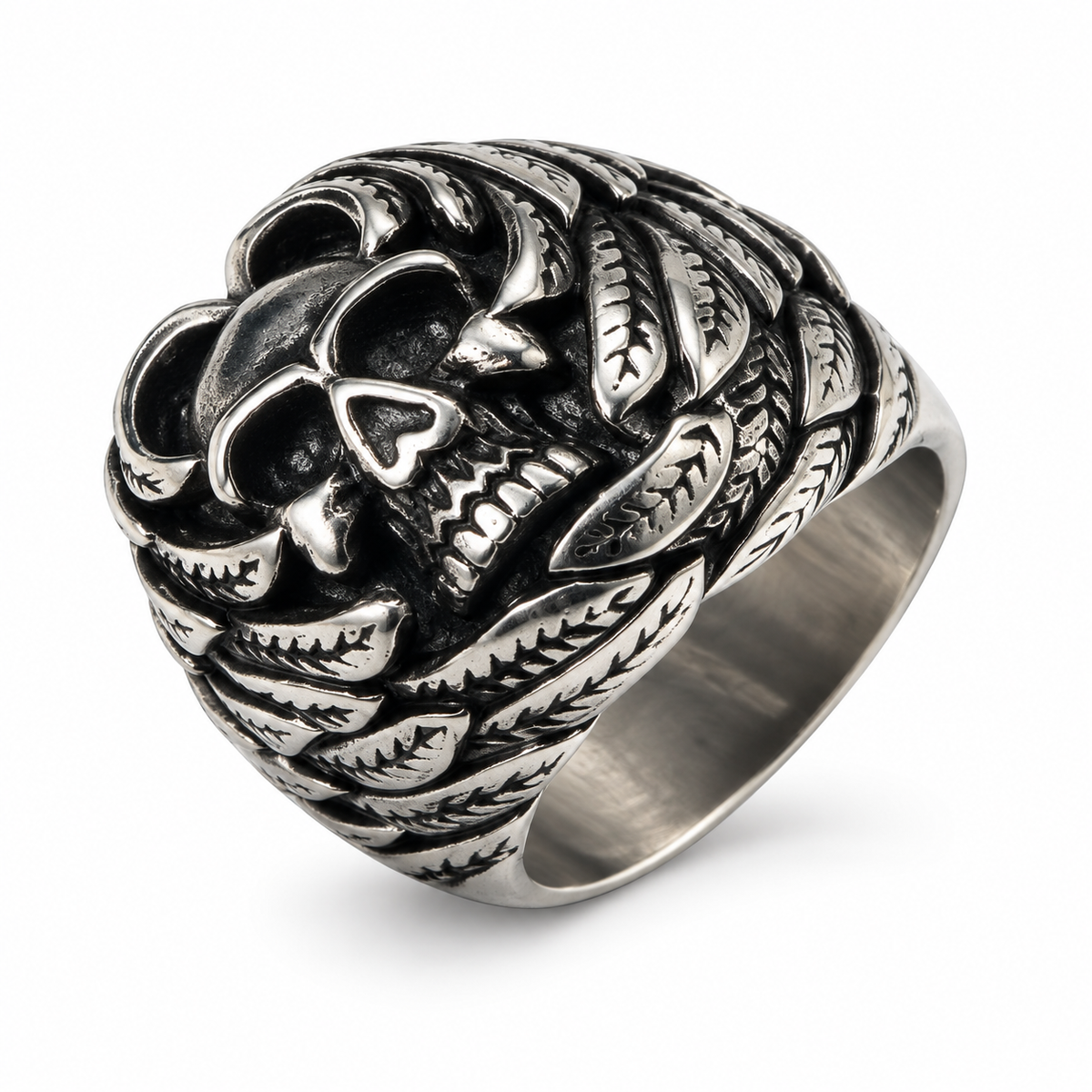 Men's gothic laurel wreath skull ring in antique finish stainless steel
