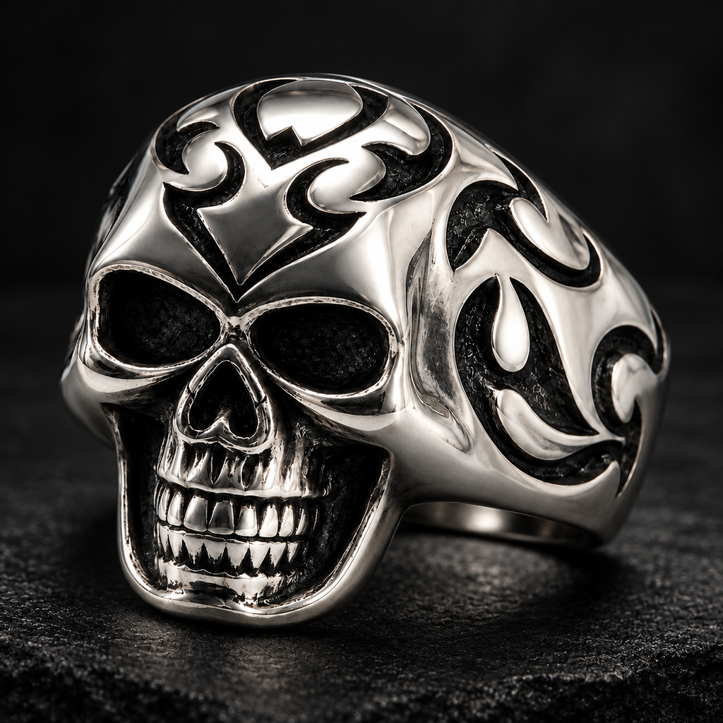 Angled view of heavy-duty polished stainless steel biker skull ring
