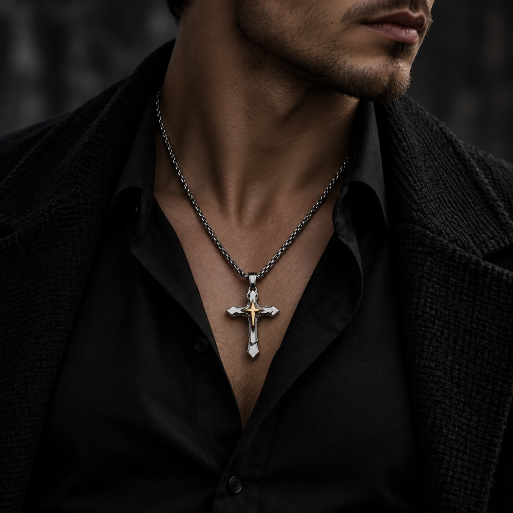Model wearing men's two-tone silver and gold star cross pendant necklace with black suit
