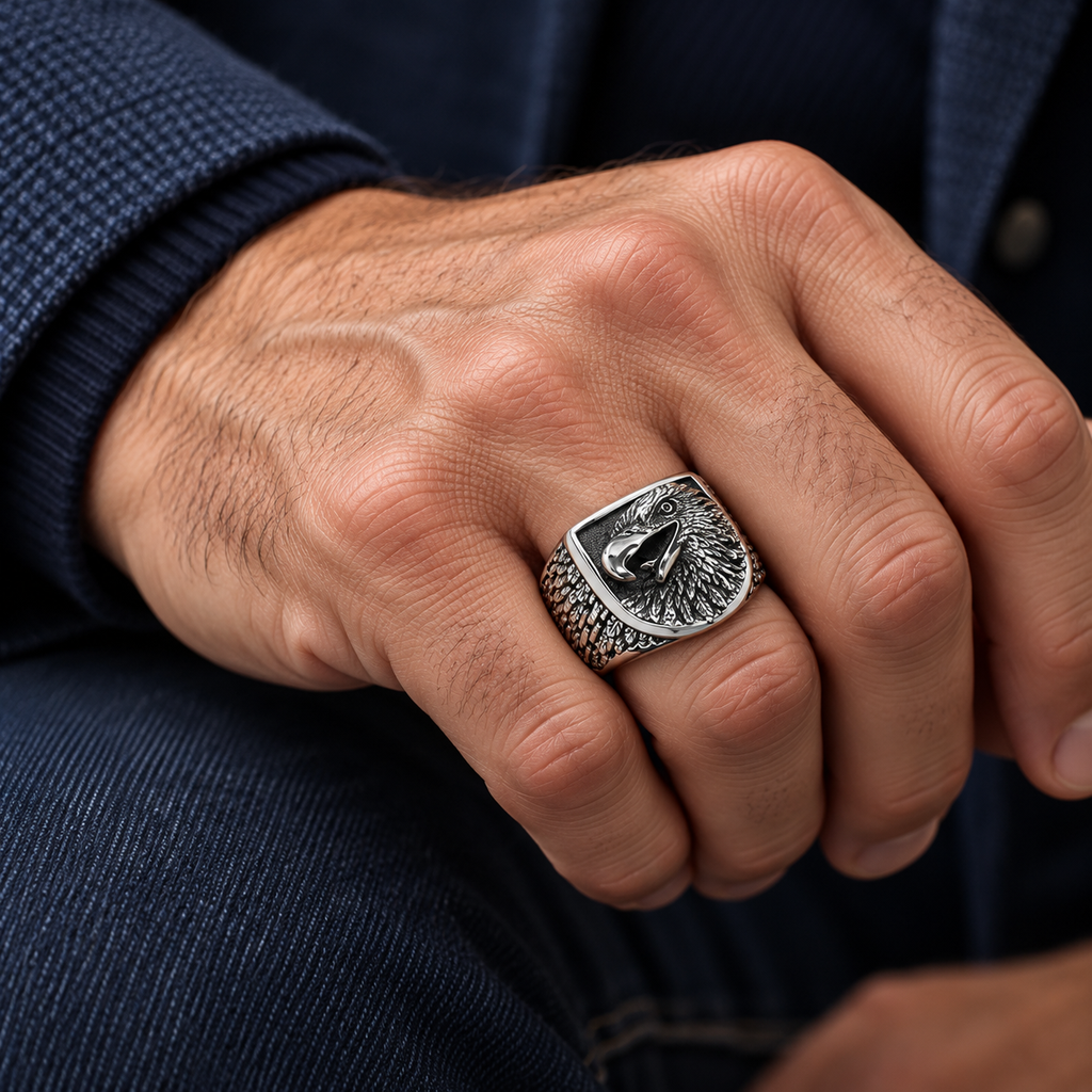 Male hand wearing stainless steel eagle head signet ring paired with navy knitwear
