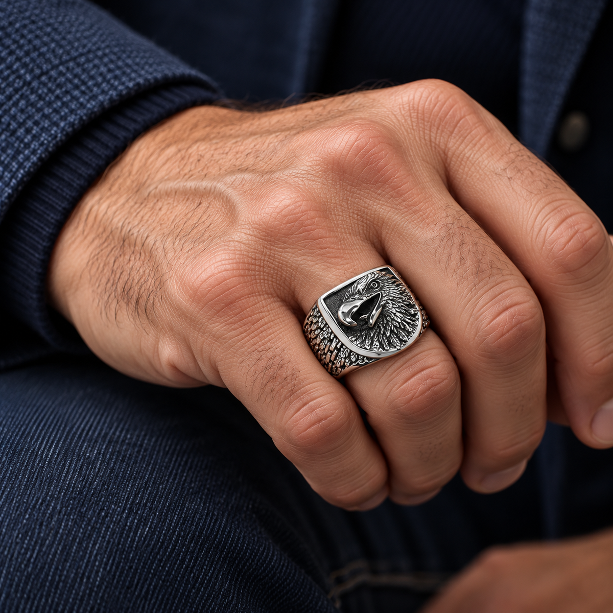Male hand wearing stainless steel eagle head signet ring paired with navy knitwear
