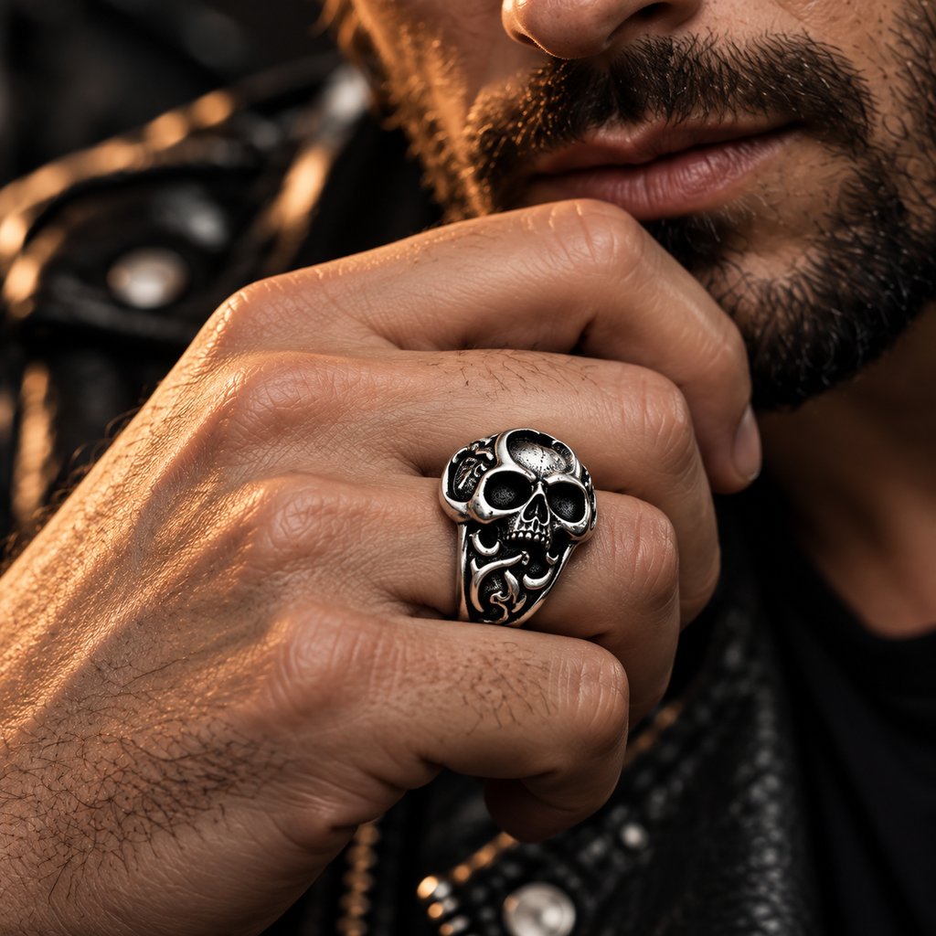 Model wearing men's vintage skull statement ring on finger
