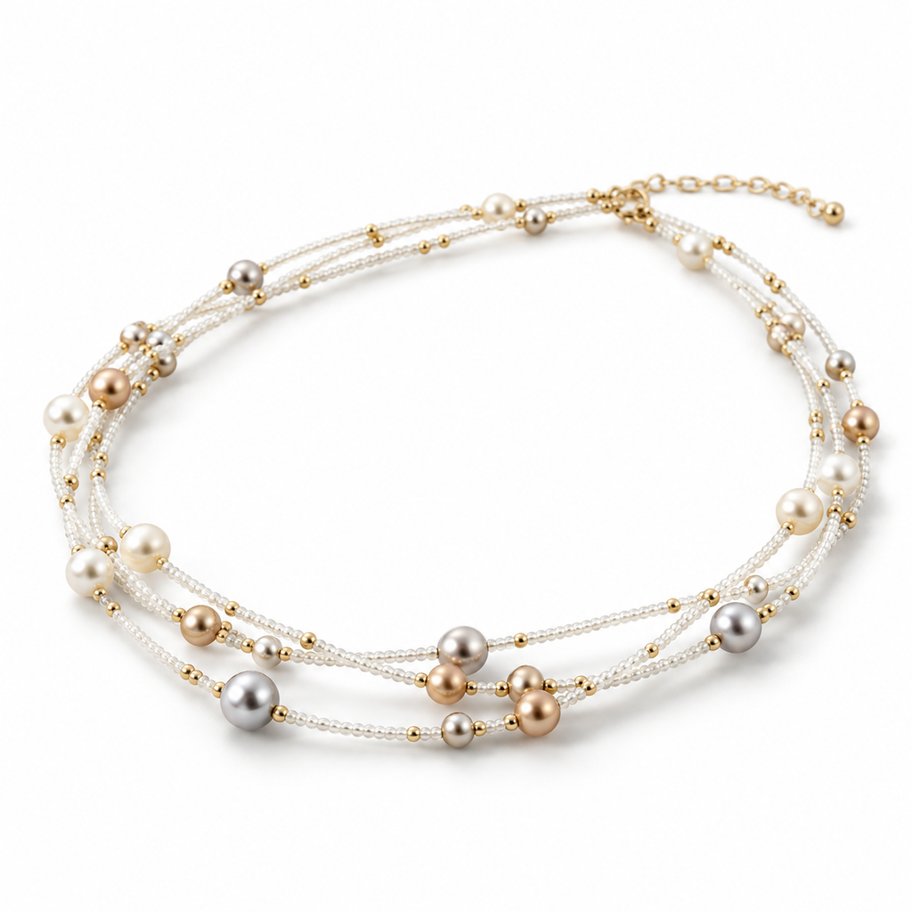 Angled studio shot of 18K gold plated multi-strand pearl bracelet showing adjustable extender chain and lobster clasp
