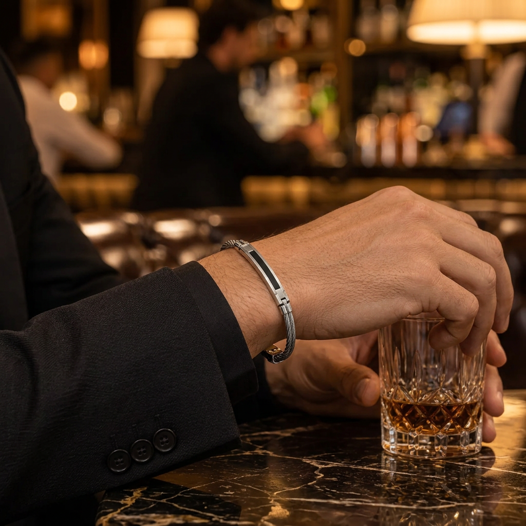 Model wearing men's steel wire cable bracelet with formal black suit holding whiskey glass
