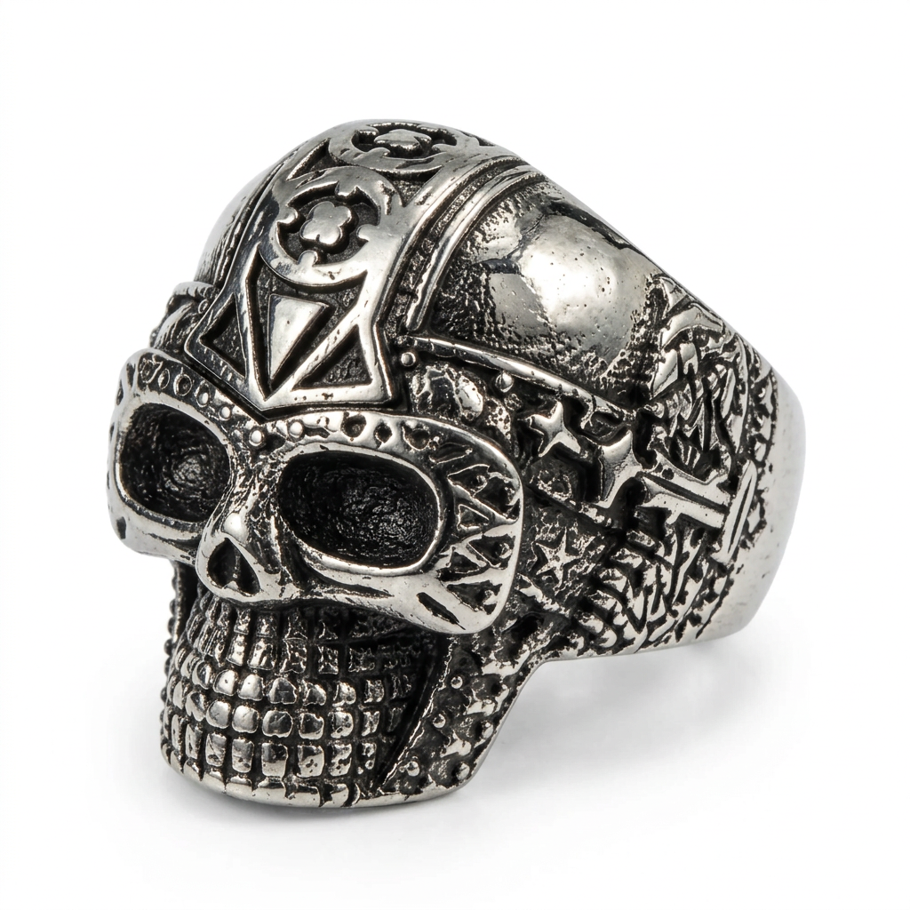 Side profile of Mayan warrior glyph carvings on tribal skull ring
