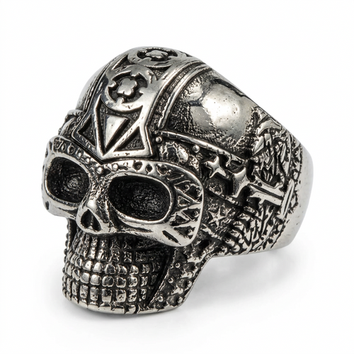 Side profile of Mayan warrior glyph carvings on tribal skull ring
