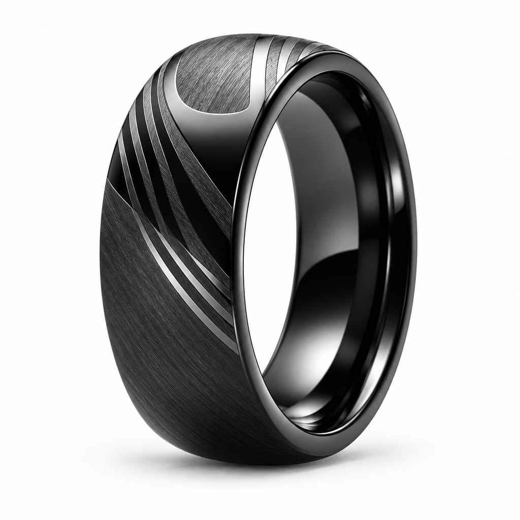 Men's Matte Black Wave Grooved Ring in brushed stainless steel studio front view
