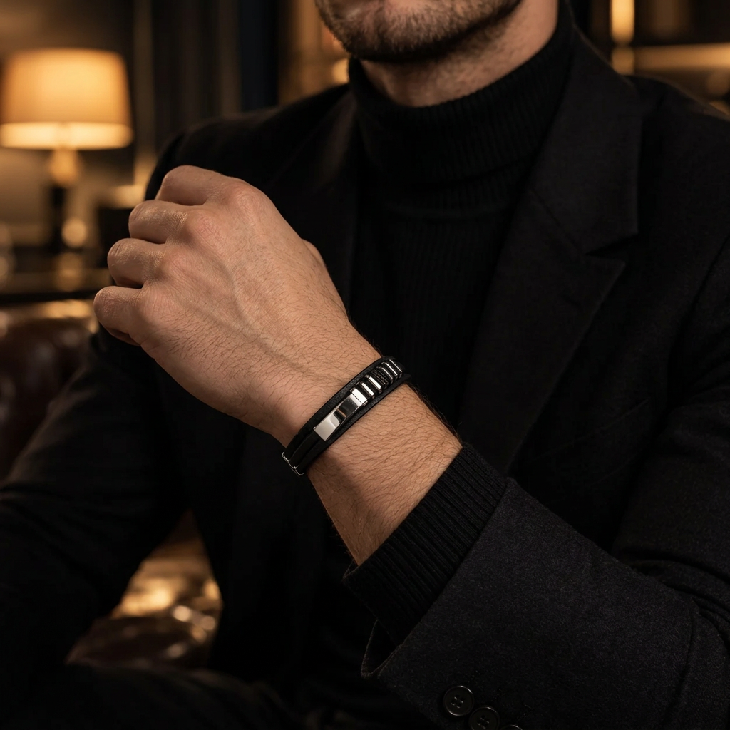 Male wrist wearing black leather ID bar bracelet in luxury lounge with crystal decanters
