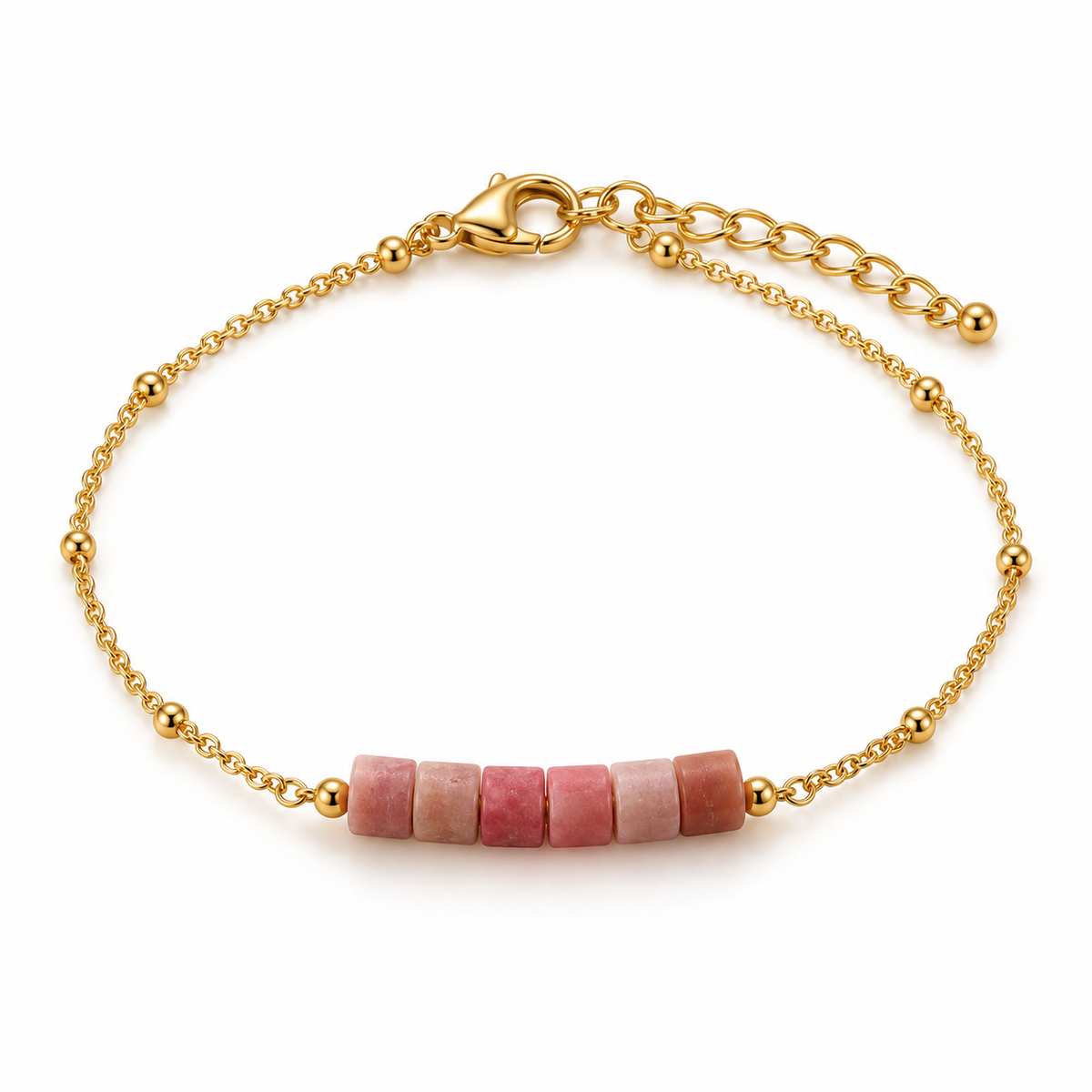 Women's dainty gold satellite chain bracelet featuring natural pink rhodonite cylinder tube beads and a lobster claw clasp.
