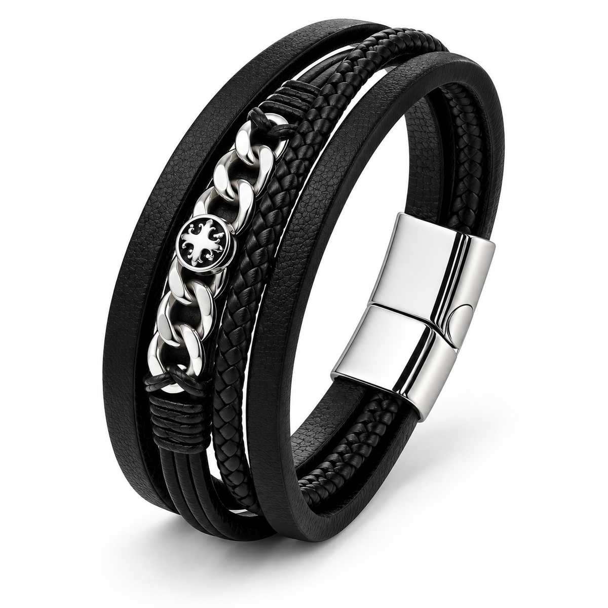 Men's Multi-Layer Black Leather Bracelet with stainless steel cross chain on white background
