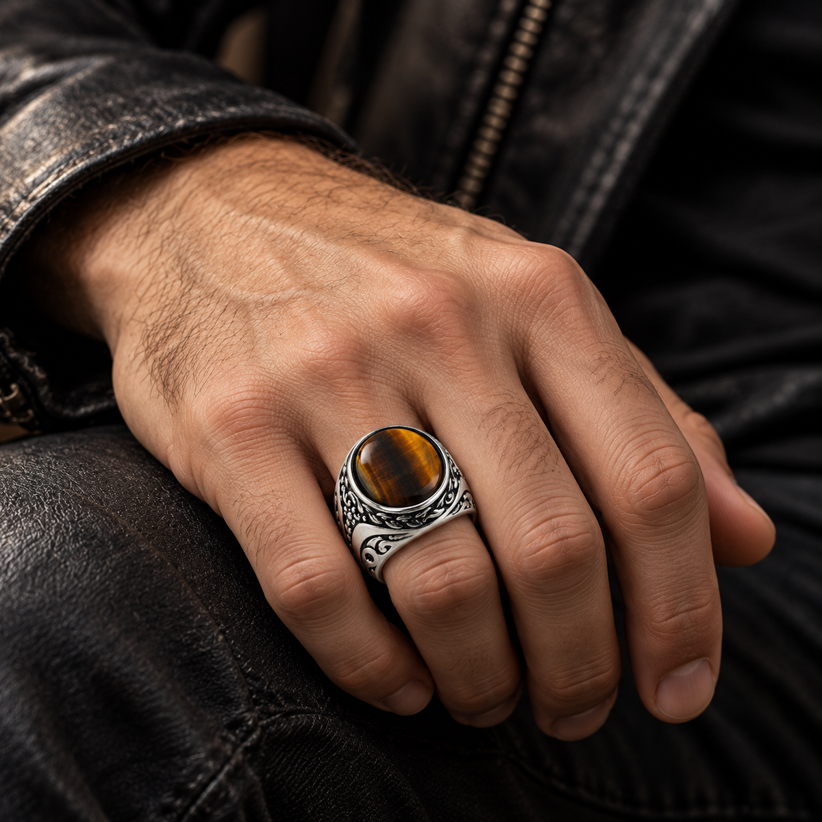 Lifestyle close-up of male hand wearing vintage stainless steel tiger eye ring on leather
