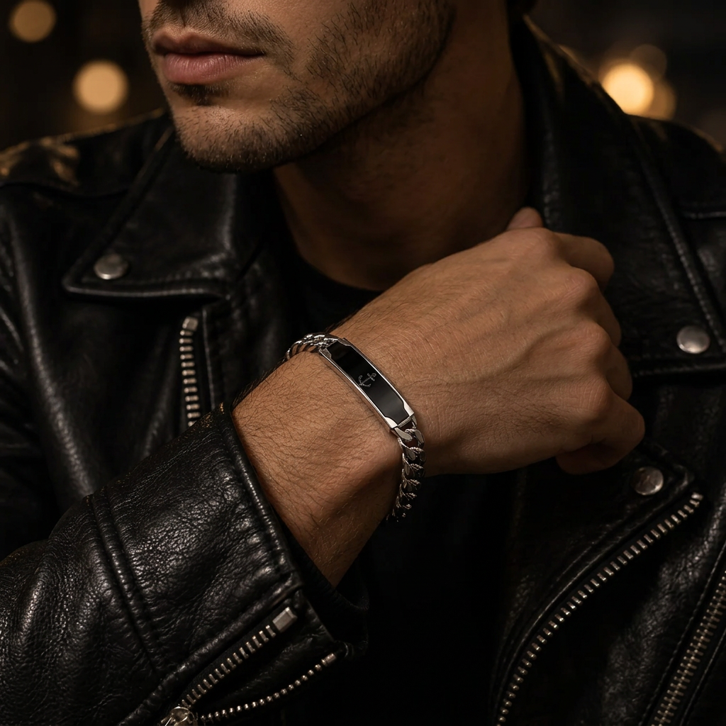 Men's Cuban Curb Chain Black Enamel Anchor ID Bar Bracelet – Stainless Steel Jewelry