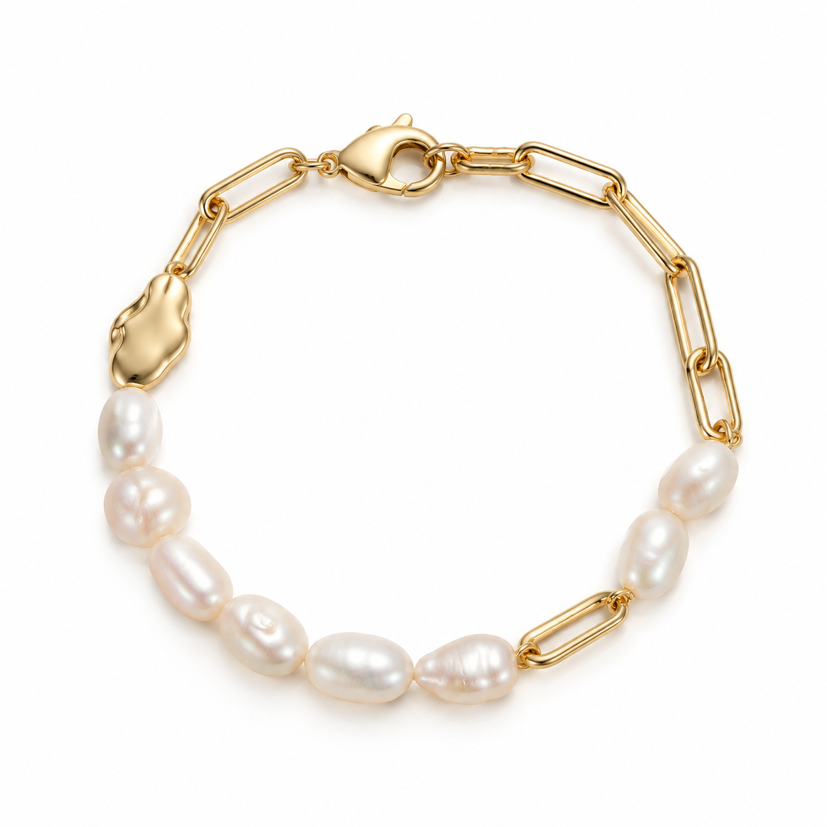 Baroque freshwater pearl and 18K gold plated paperclip chain bracelet with molten gold accents on white background
