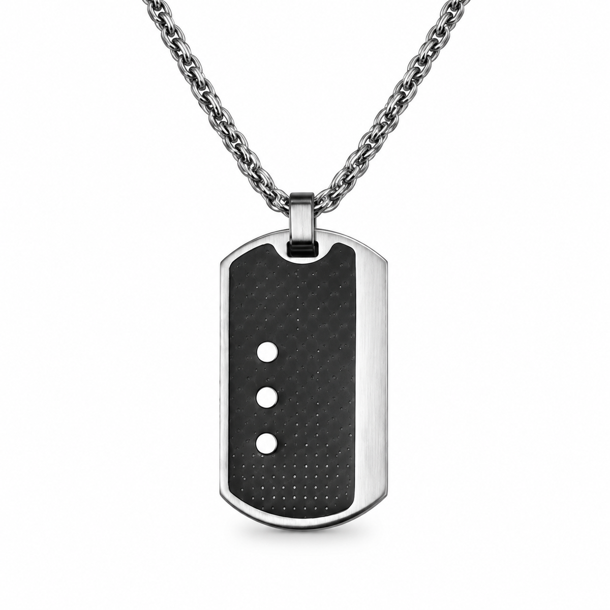 Men's perforated carbon fiber triple-rivet dog tag pendant necklace on stainless steel chain
