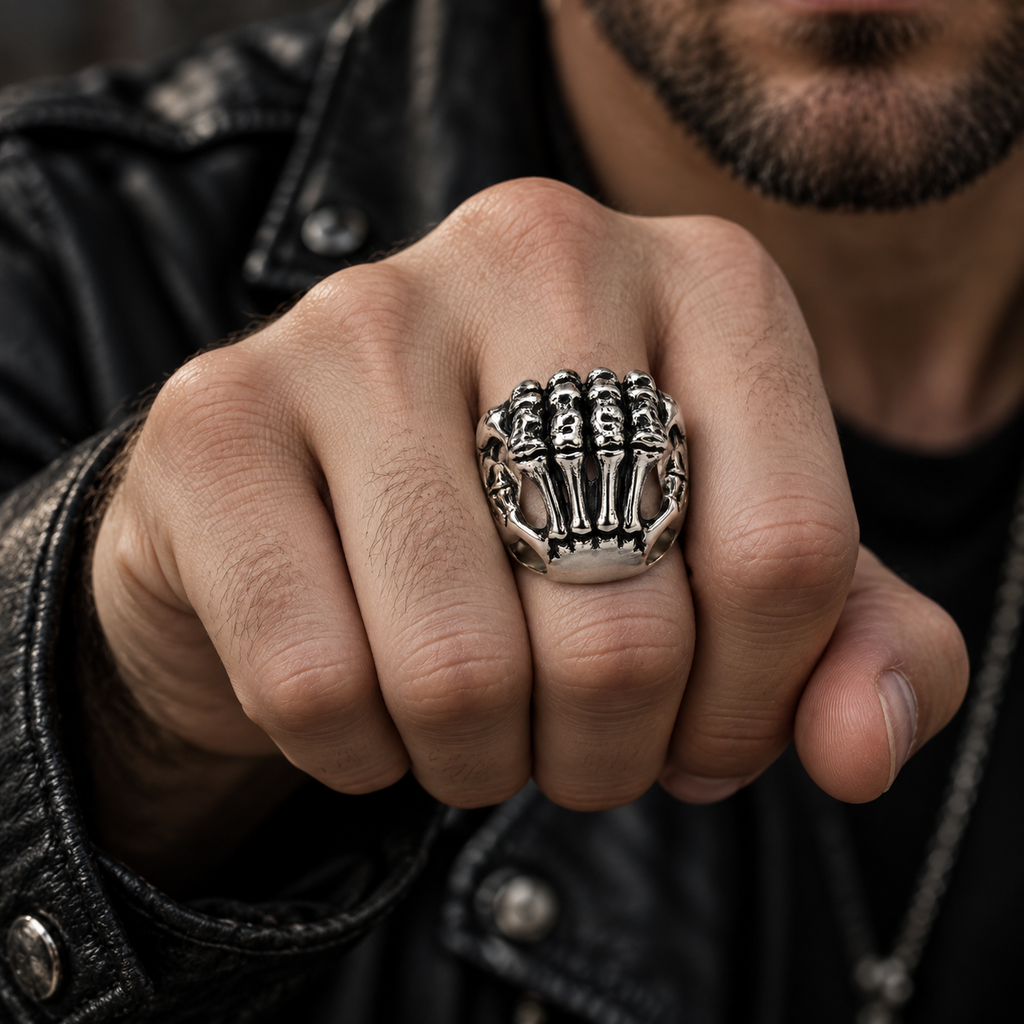 Model wearing vintage stainless steel skeleton claw ring on hand
