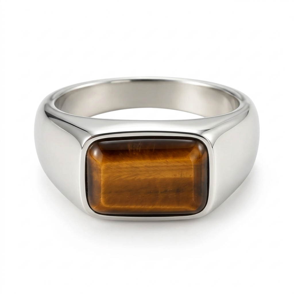 Side profile of sleek modern rectangular gemstone signet ring
