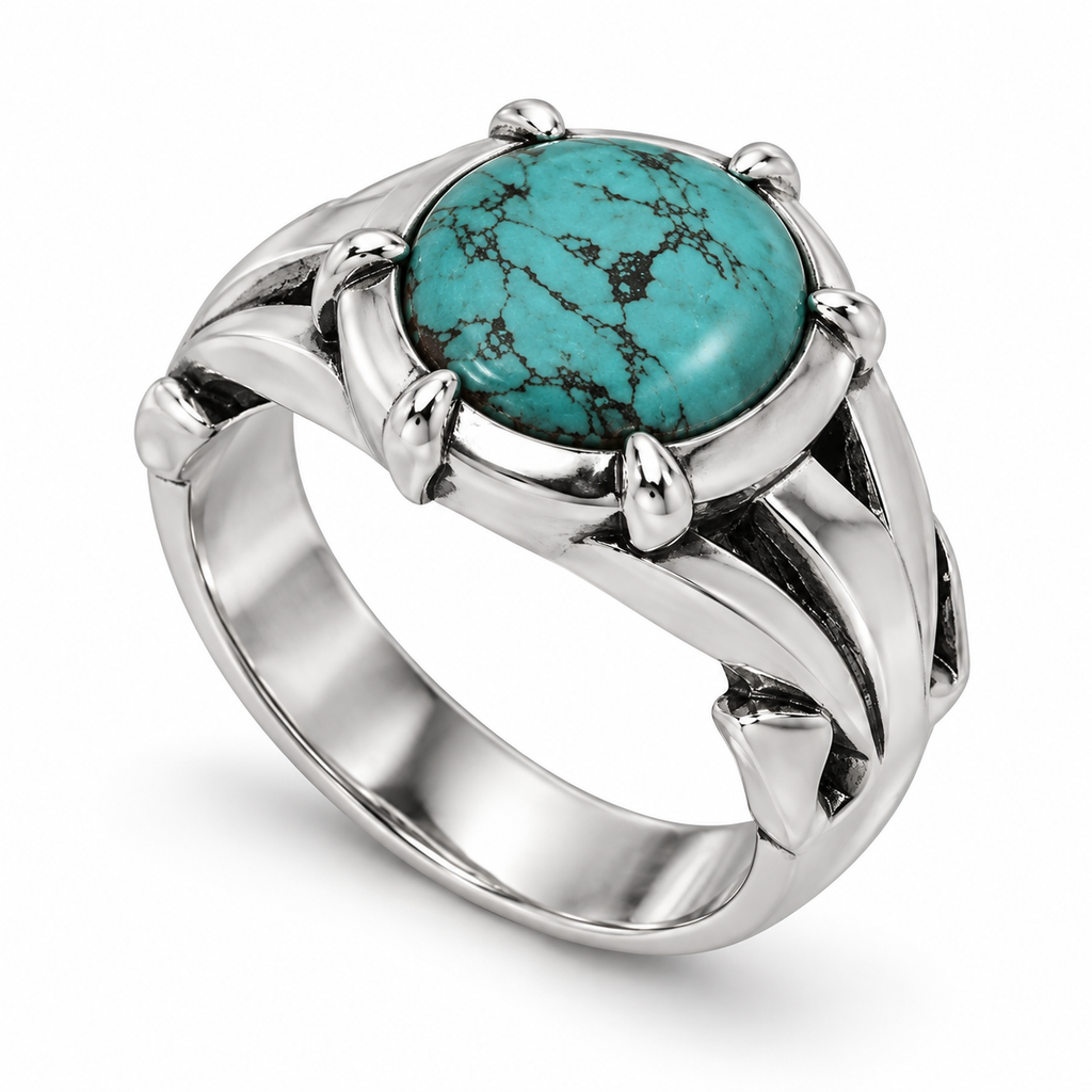 Angled view of Men's oval turquoise statement ring showing split-shank band architecture
