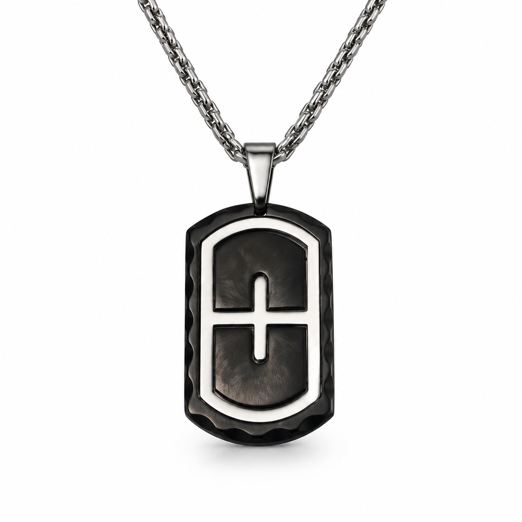Men's chiseled hammered edge cross shield dog tag pendant necklace on stainless steel chain
