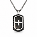 Men's chiseled hammered edge cross shield dog tag pendant necklace on stainless steel chain

