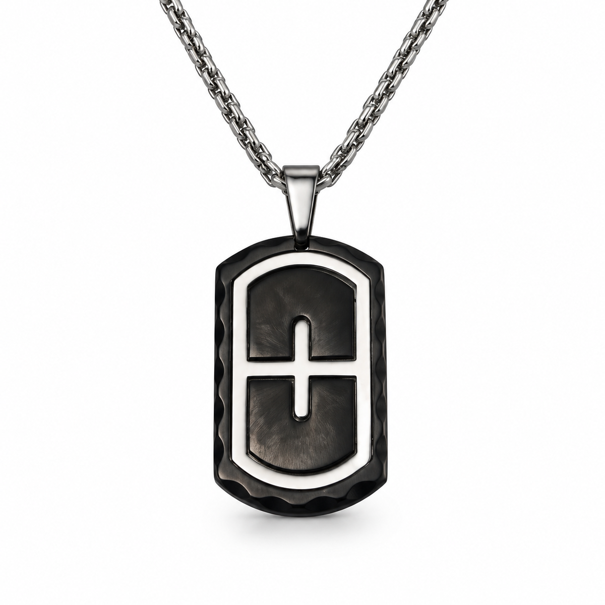 Men's chiseled hammered edge cross shield dog tag pendant necklace on stainless steel chain
