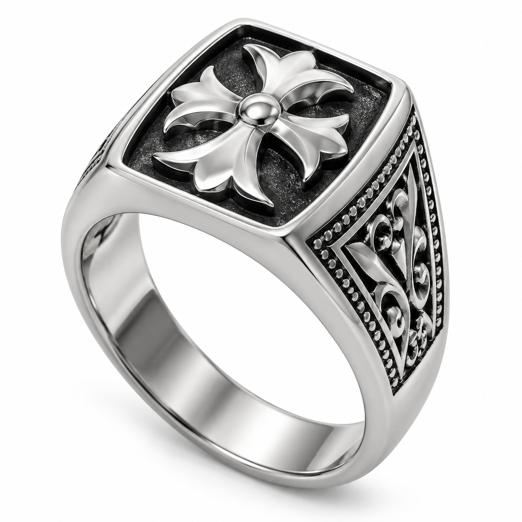 Men's Vintage Gothic Flared Cross Signet Ring in stainless steel with filigree shoulders
