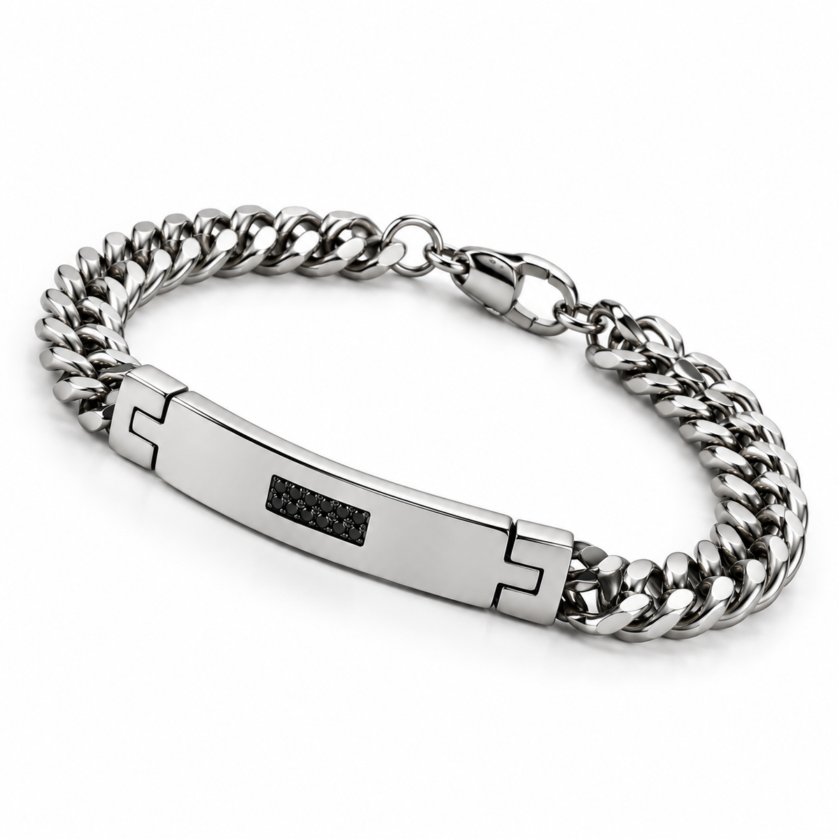 Angled studio shot of men's stainless steel Cuban chain ID bracelet with lobster clasp
