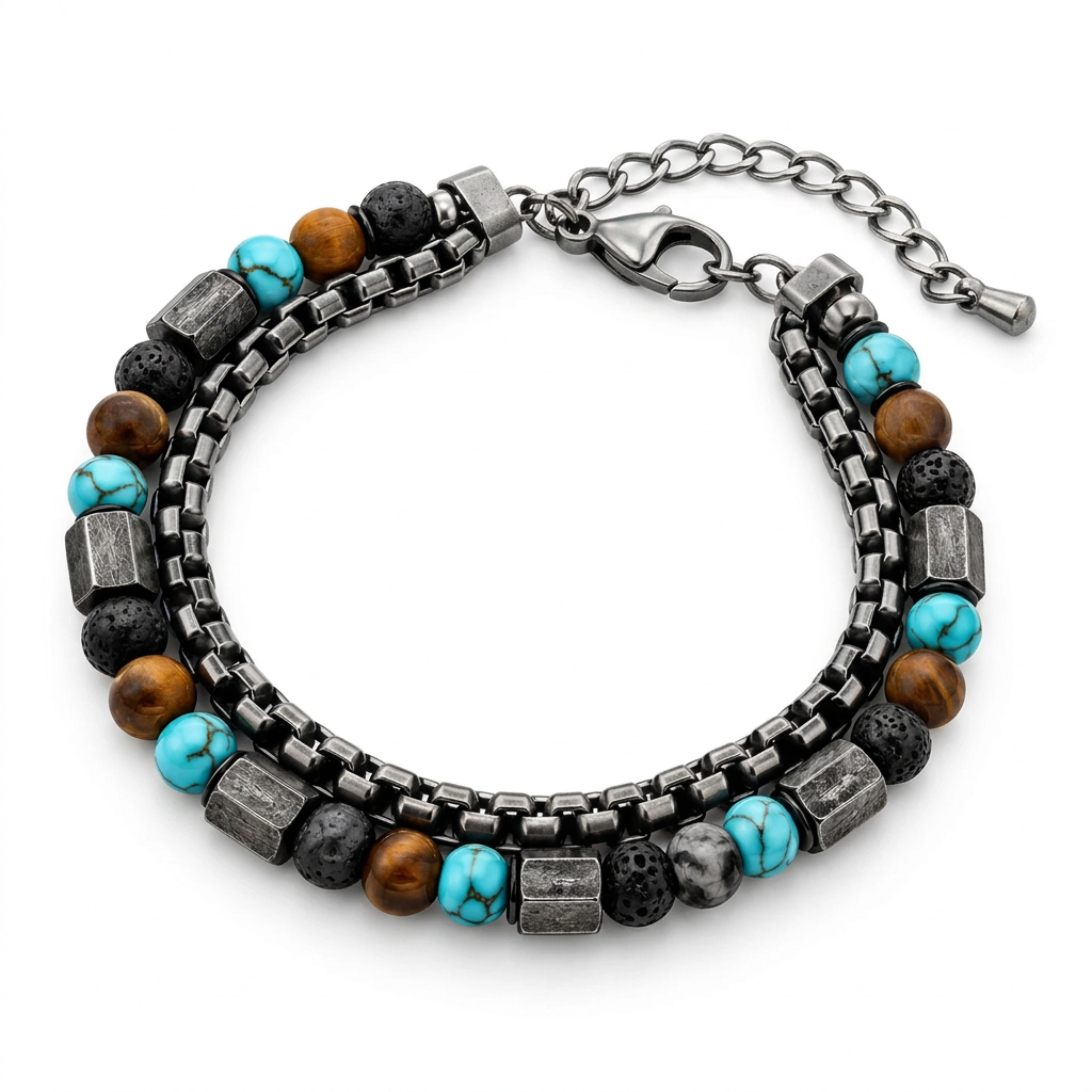 Full circular studio view of men's turquoise, tiger eye, and lava stone bracelet showing adjustable lobster clasp