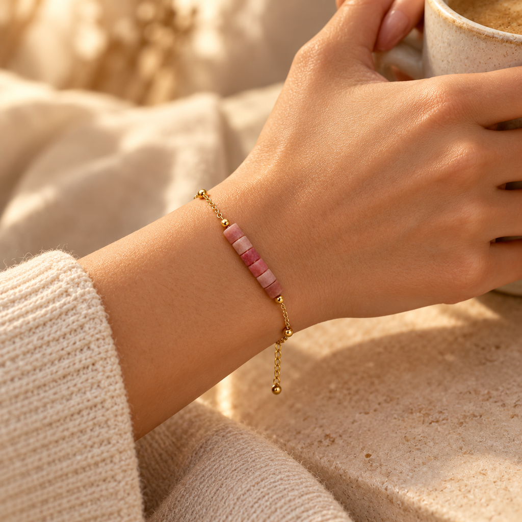Model wearing the dainty pink beaded gold chain bracelet with dangling extender chain while holding a ceramic coffee cup.
