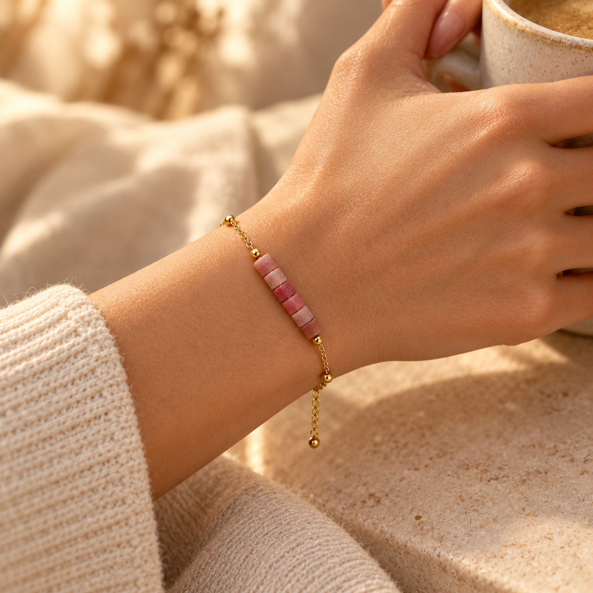 Model wearing the dainty pink beaded gold chain bracelet with dangling extender chain while holding a ceramic coffee cup.
