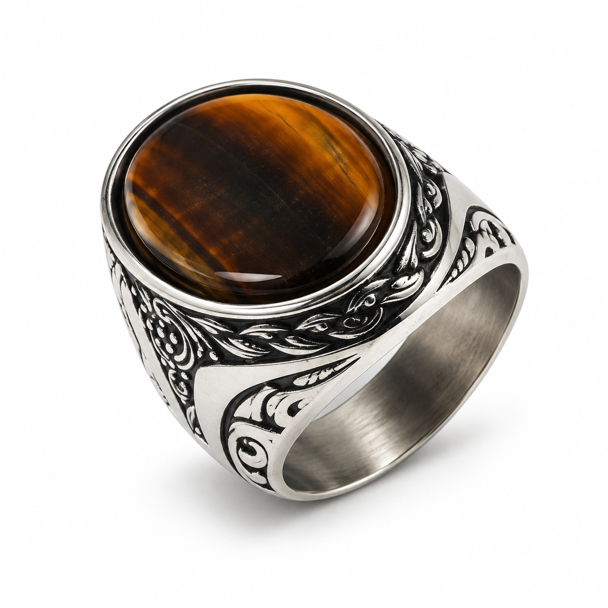 Angled view of Men's golden brown tiger eye stone ring with carved vine scrollwork band
