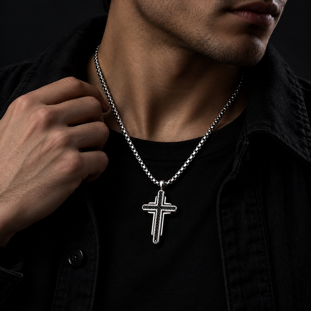 Close-up neck view of model touching chain wearing men's black pavé cross pendant
