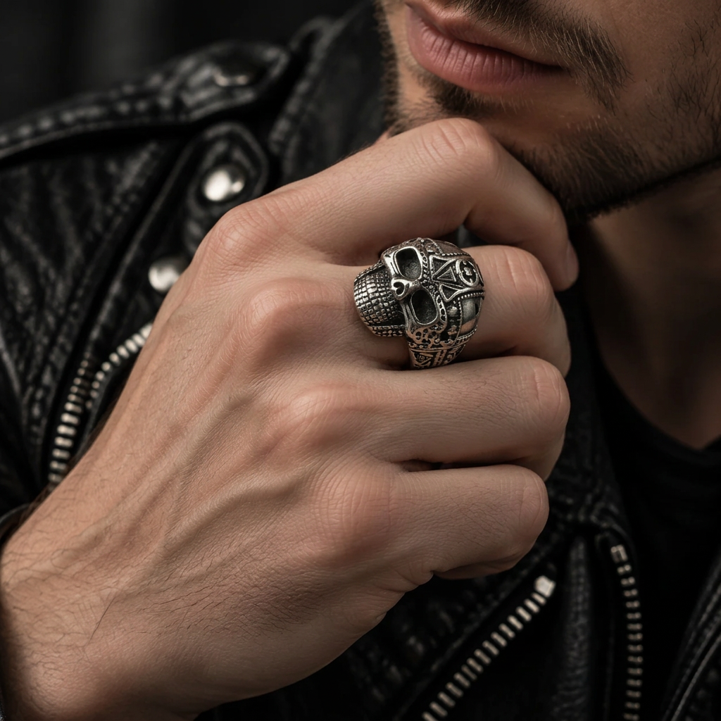 Model wearing heavy Aztec tribal skull statement ring on hand
