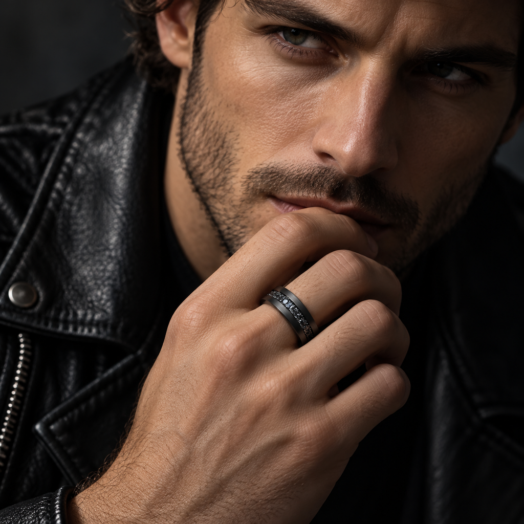 Lifestyle shot of male model in leather jacket wearing Men's black crystal inlay ring
