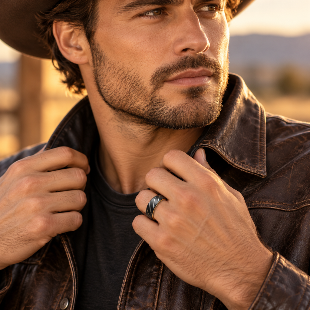 Rugged male model in leather jacket and hat at sunset wearing Men's two-tone wave band
