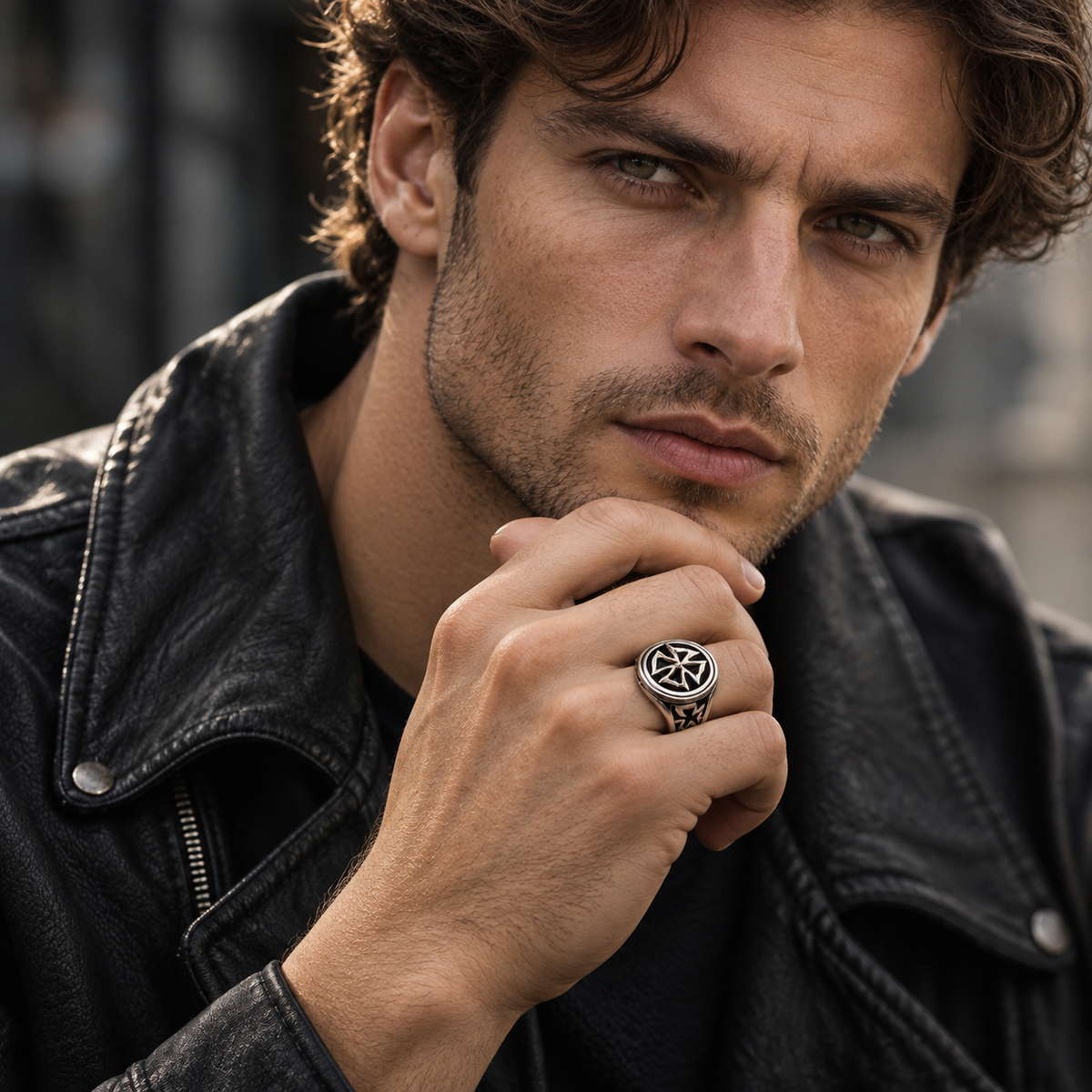 Male model wearing stainless steel Iron Cross signet ring with black leather motorcycle jacket