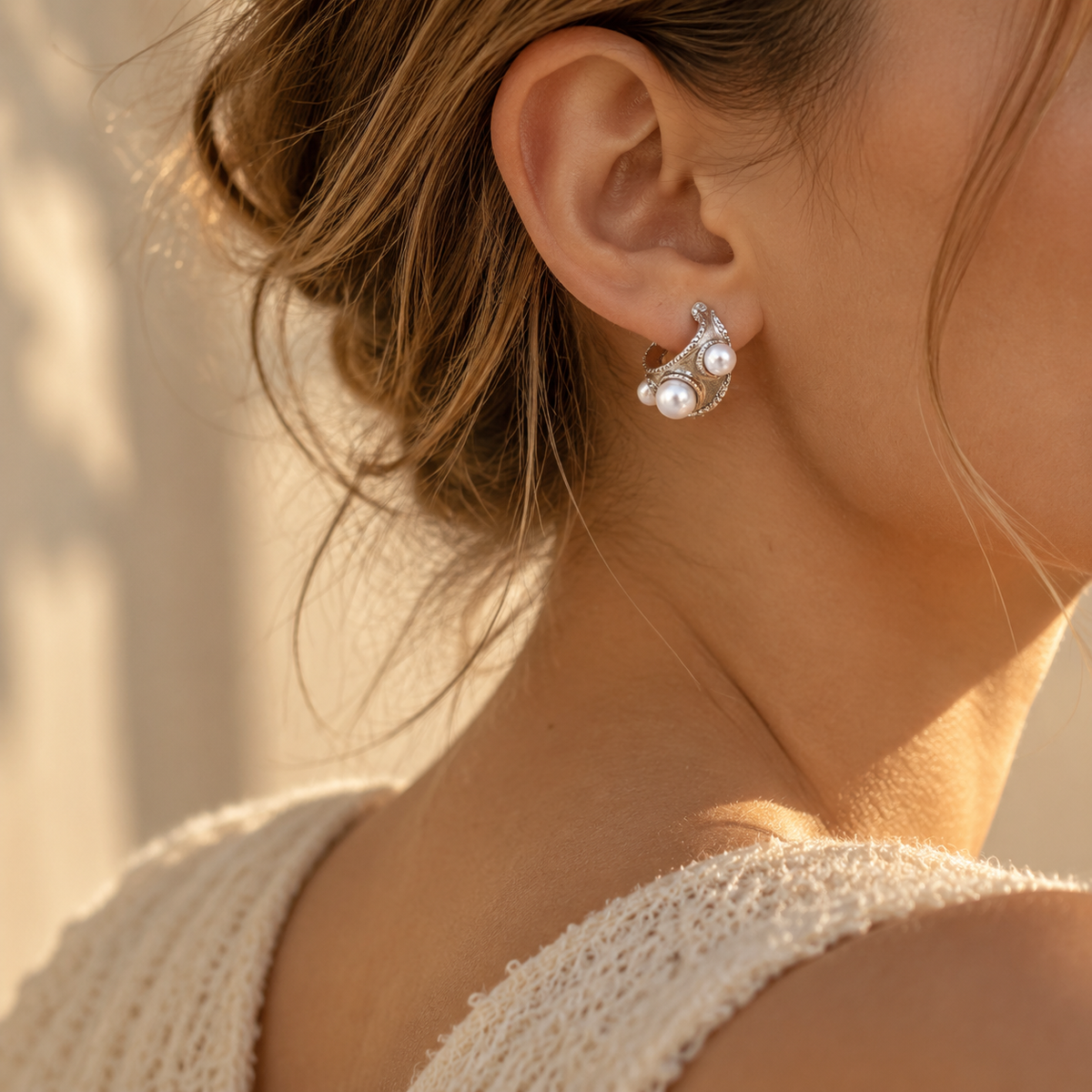 Women's Vintage Textured Pearl Crescent Hoop Earrings