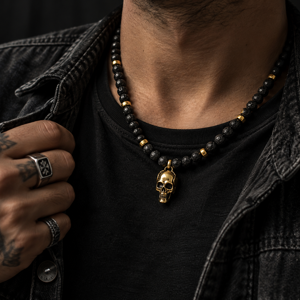 Close-up chest shot of model wearing gothic skull beaded pendant necklace
