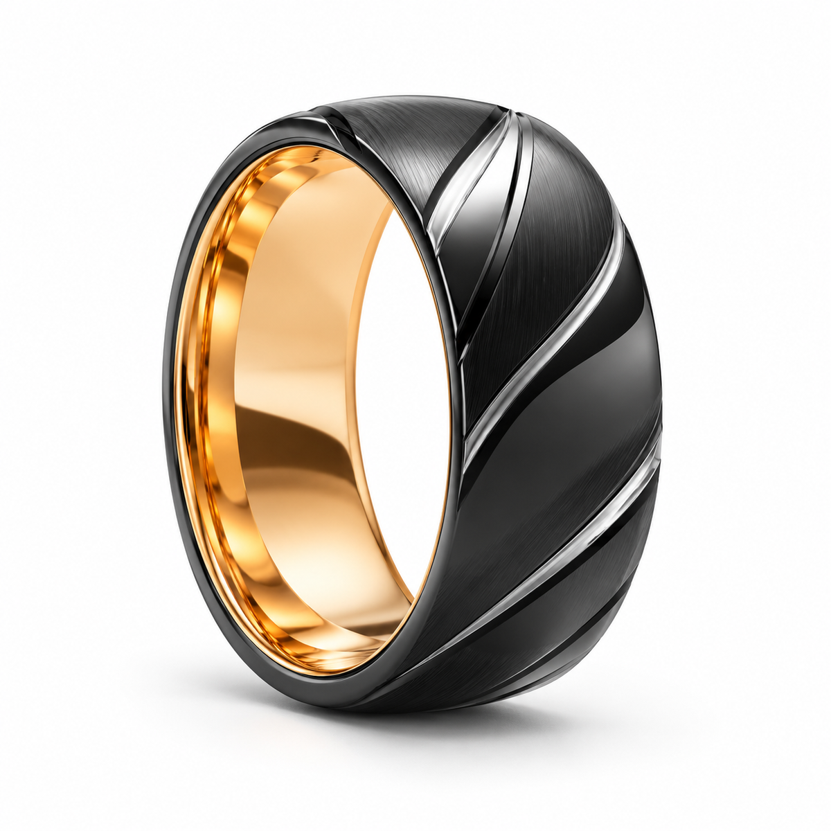 Angled view of black dome wedding band showing polished rose gold comfort interior
